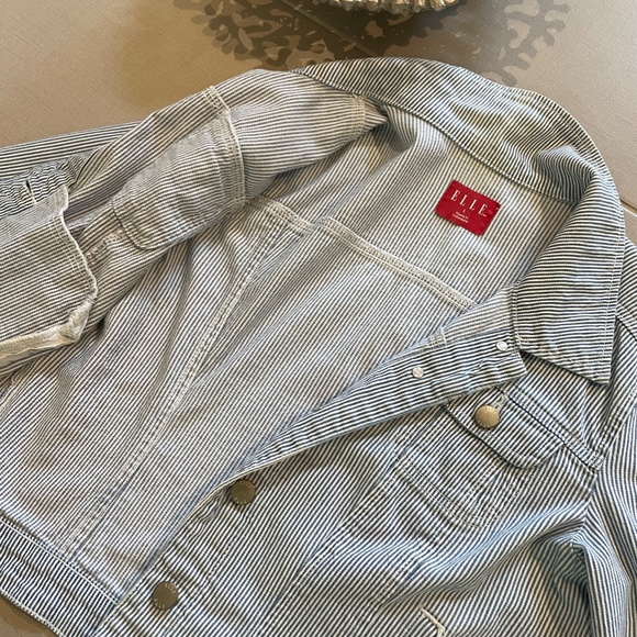 Elle Striped Cropped Denim Jacket Blue & White Women's S - Picture 10 of 12